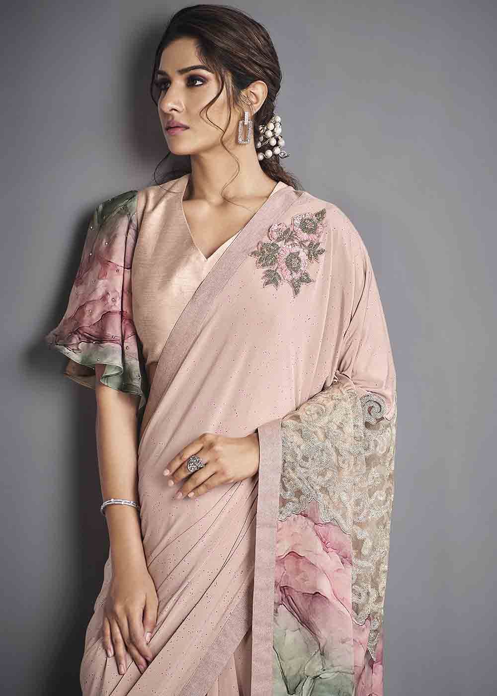 Buy MySilkLove Cavern Pink Designer Lycra Saree with Embroidery Work Online