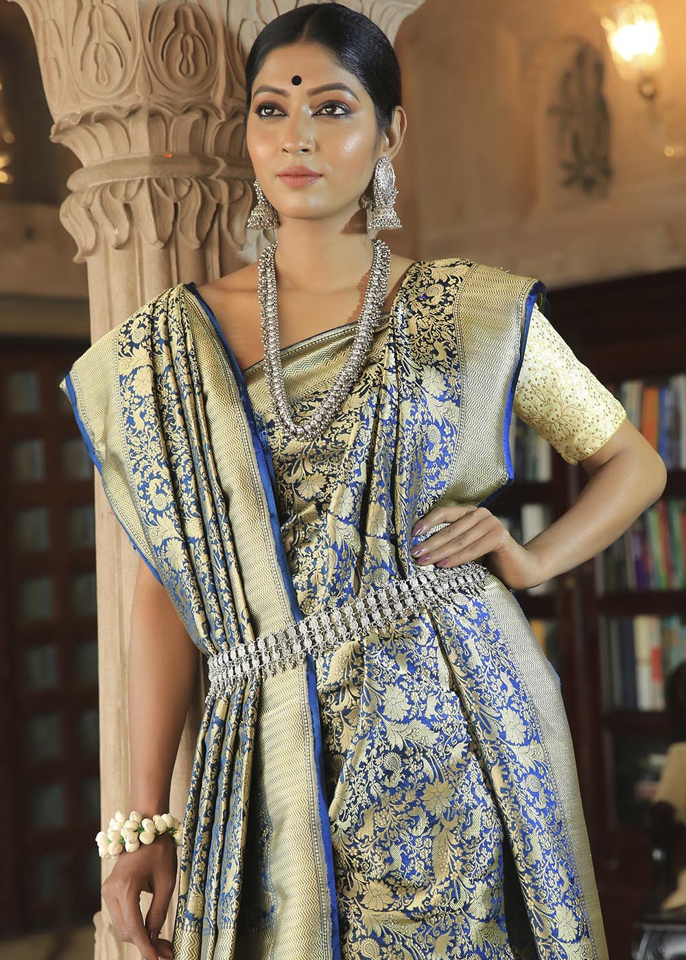 Buy MySilkLove Biscay Blue and Golden Katan Pure Silk Handwoven Shikargah Saree Online