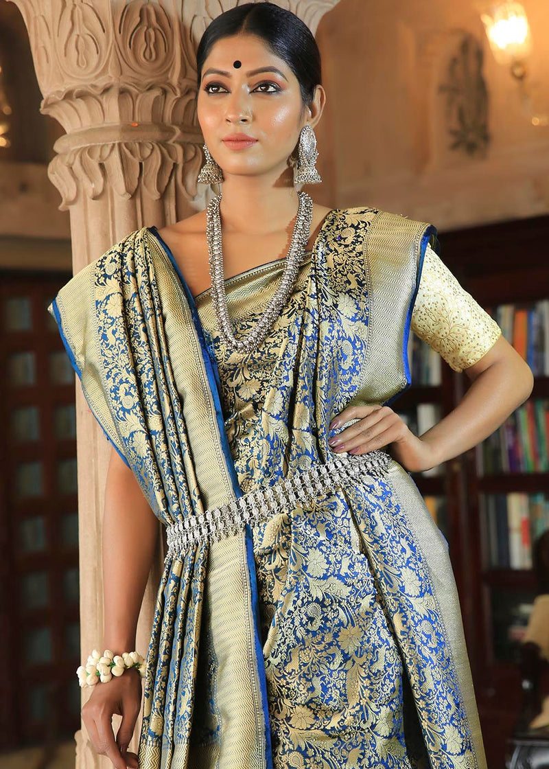 Biscay Blue and Golden Katan Pure Silk Handwoven Shikargah Saree