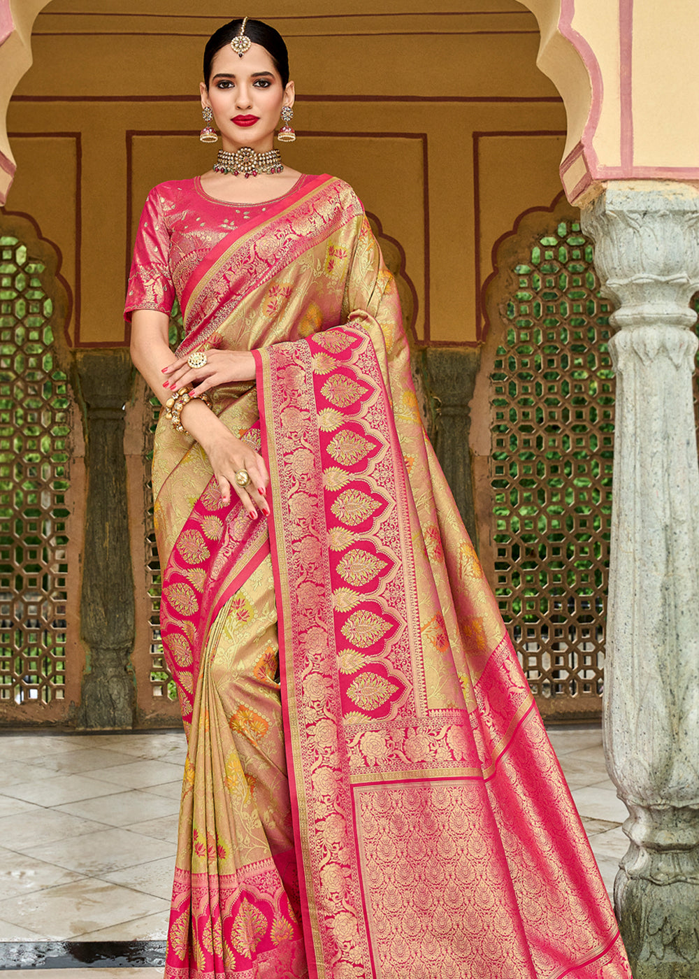 Buy MySilkLove Butter Light Brown and Pink Designer Banarasi Saree Online