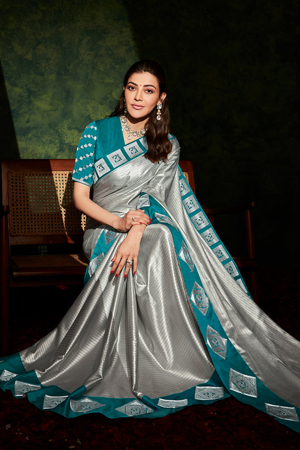 Bison Silver and Blue South Silk Saree