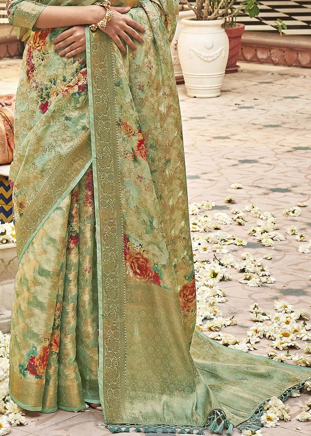 Buy MySilkLove Pine Glade Green Digital Printed Brasso Saree Online