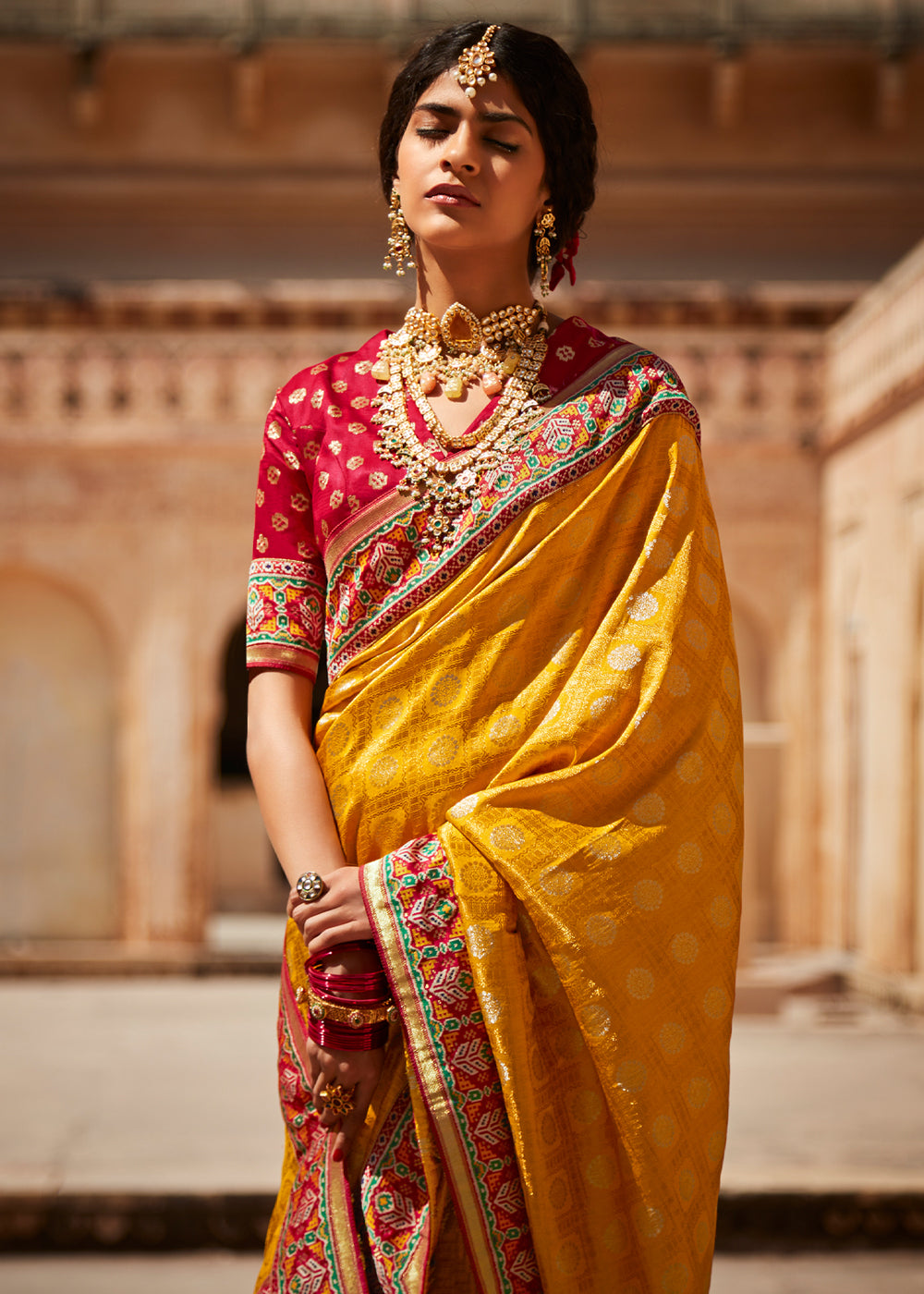 Buy MySilkLove Golden Yellow and Red Zari Woven Designer Banarasi Saree Online