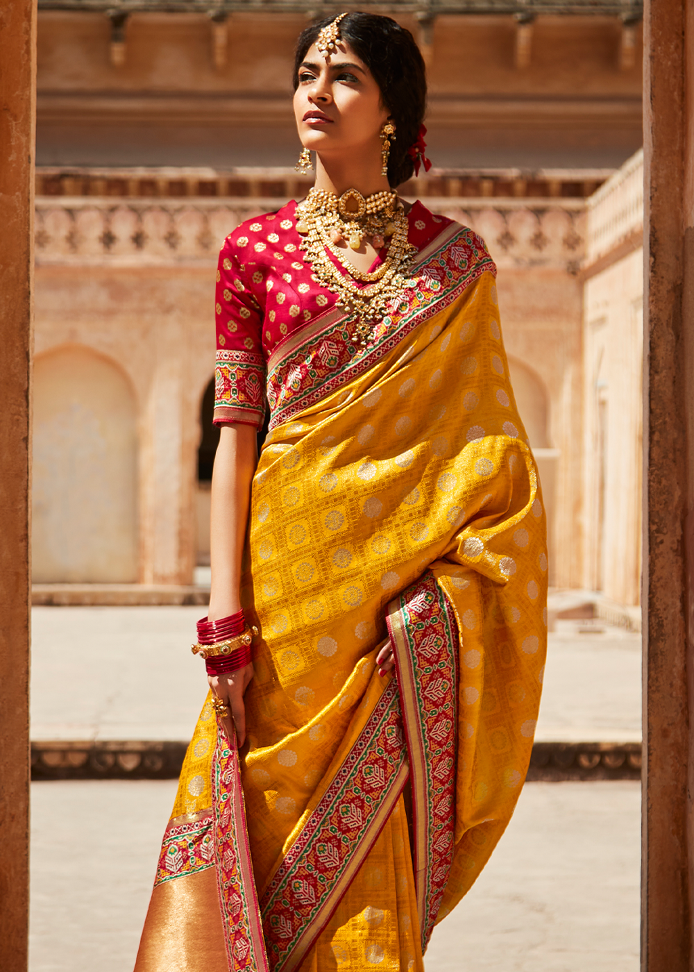 Buy MySilkLove Golden Yellow and Red Zari Woven Designer Banarasi Saree Online