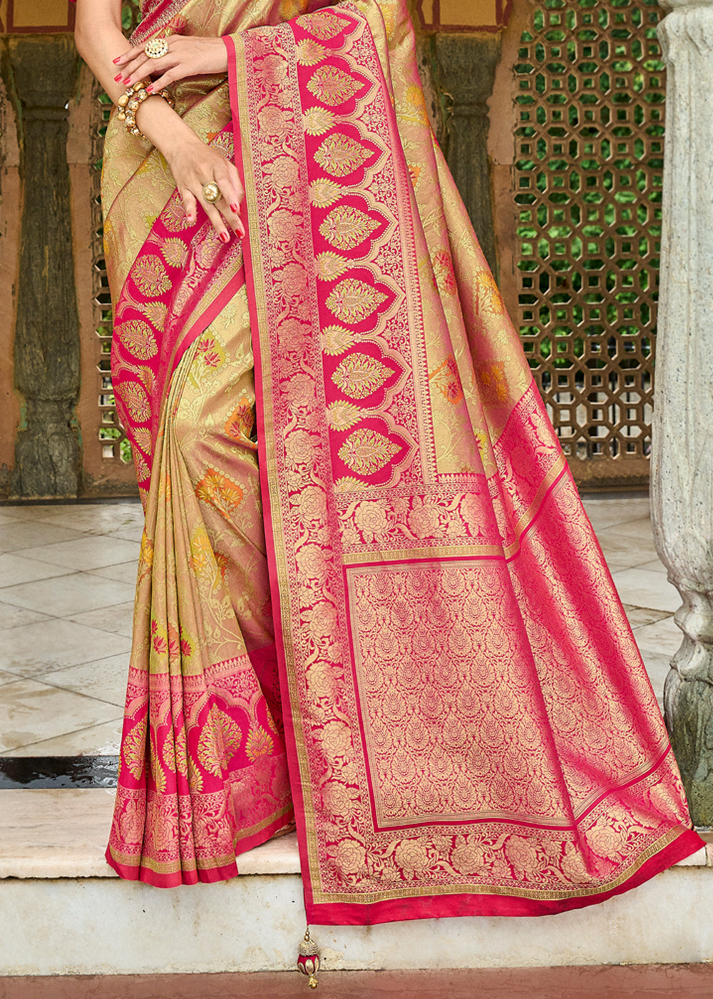 Buy MySilkLove Butter Light Brown and Pink Designer Banarasi Saree Online