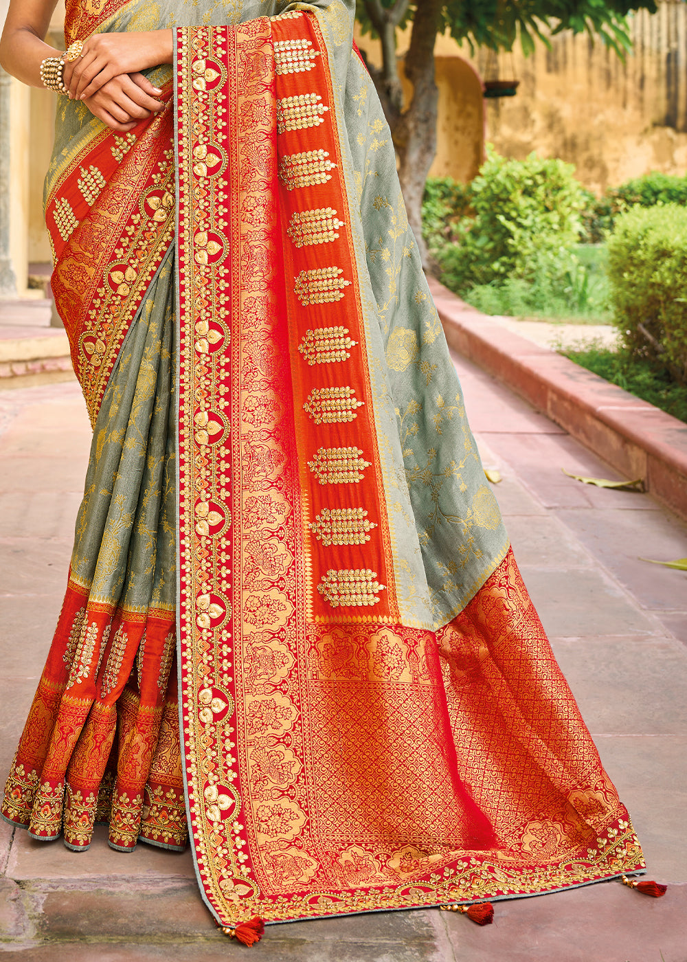 Buy MySilkLove Clay Grey and Red Embroidered Dola Silk Saree Online