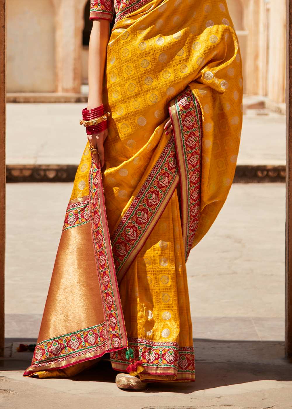 Buy MySilkLove Golden Yellow and Red Zari Woven Designer Banarasi Saree Online