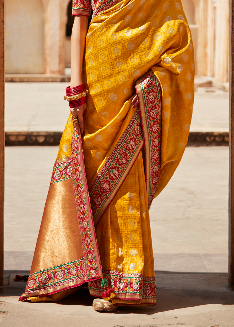 Golden Yellow and Red Zari Woven Designer Banarasi Saree