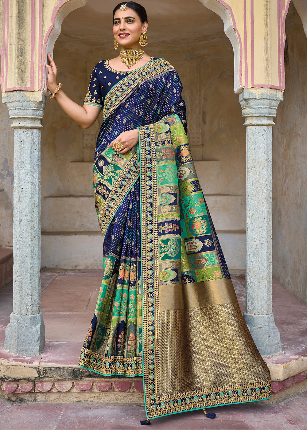 Gun Powder Blue Embroidered Dola Silk Saree – MySilkLove