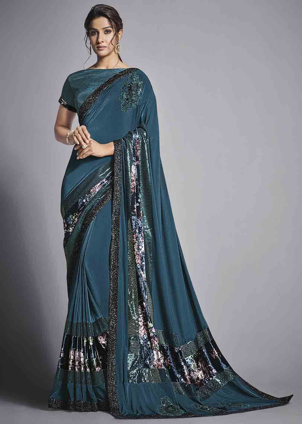 Buy MySilkLove Blue Bayoux Designer Lycra Saree with Embroidery Work Online