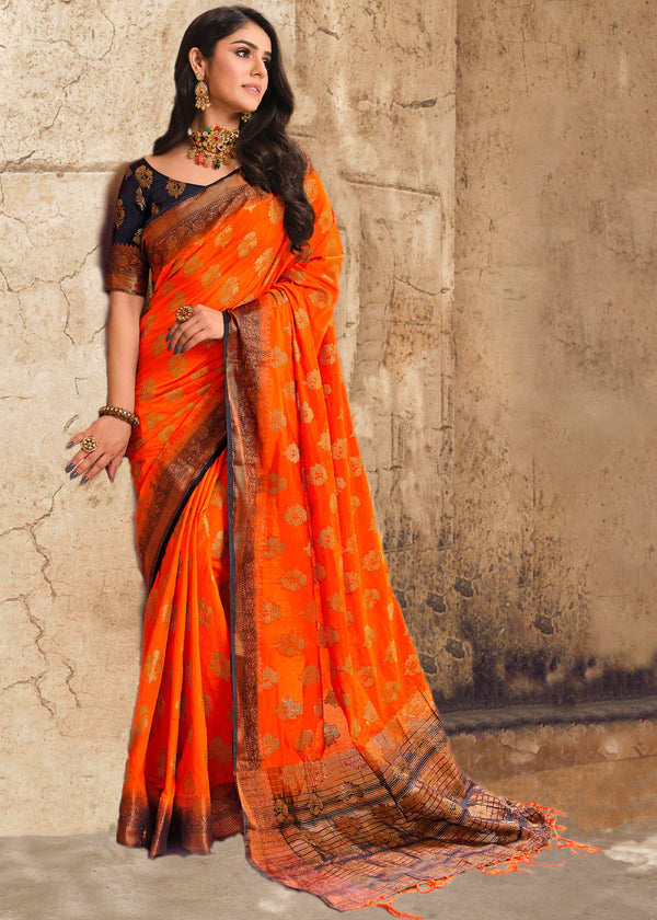 Blaze Orange Woven Banarasi Raw Silk Saree