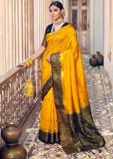 Bright Sun Yellow and Blue Zari Woven Banarasi Raw Silk Saree