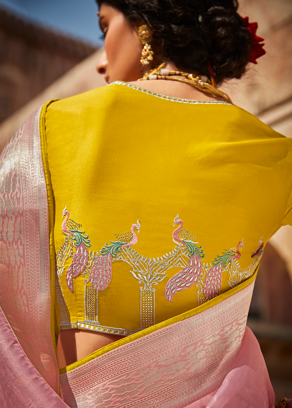Shilo Pink and Yellow Zari Woven Designer Banarasi Saree