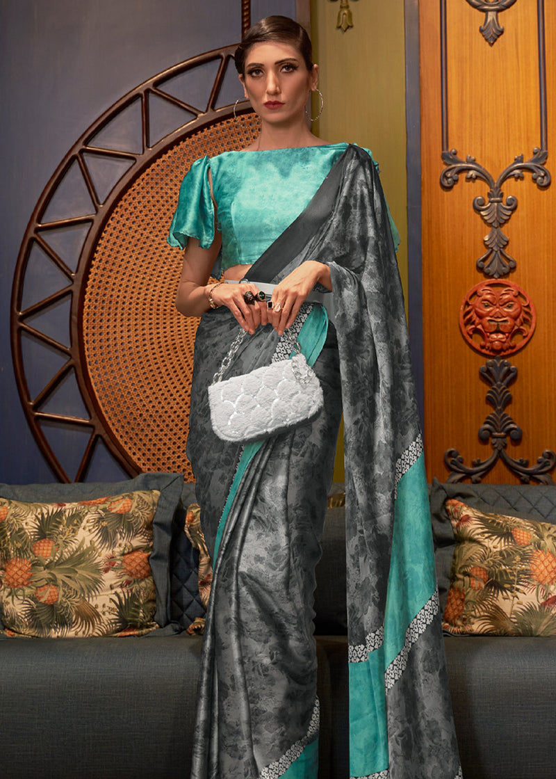 Smoke Grey and Blue Printed Satin Silk Saree