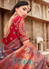 Mobster Purple and Red Woven Designer Banarasi Silk Saree