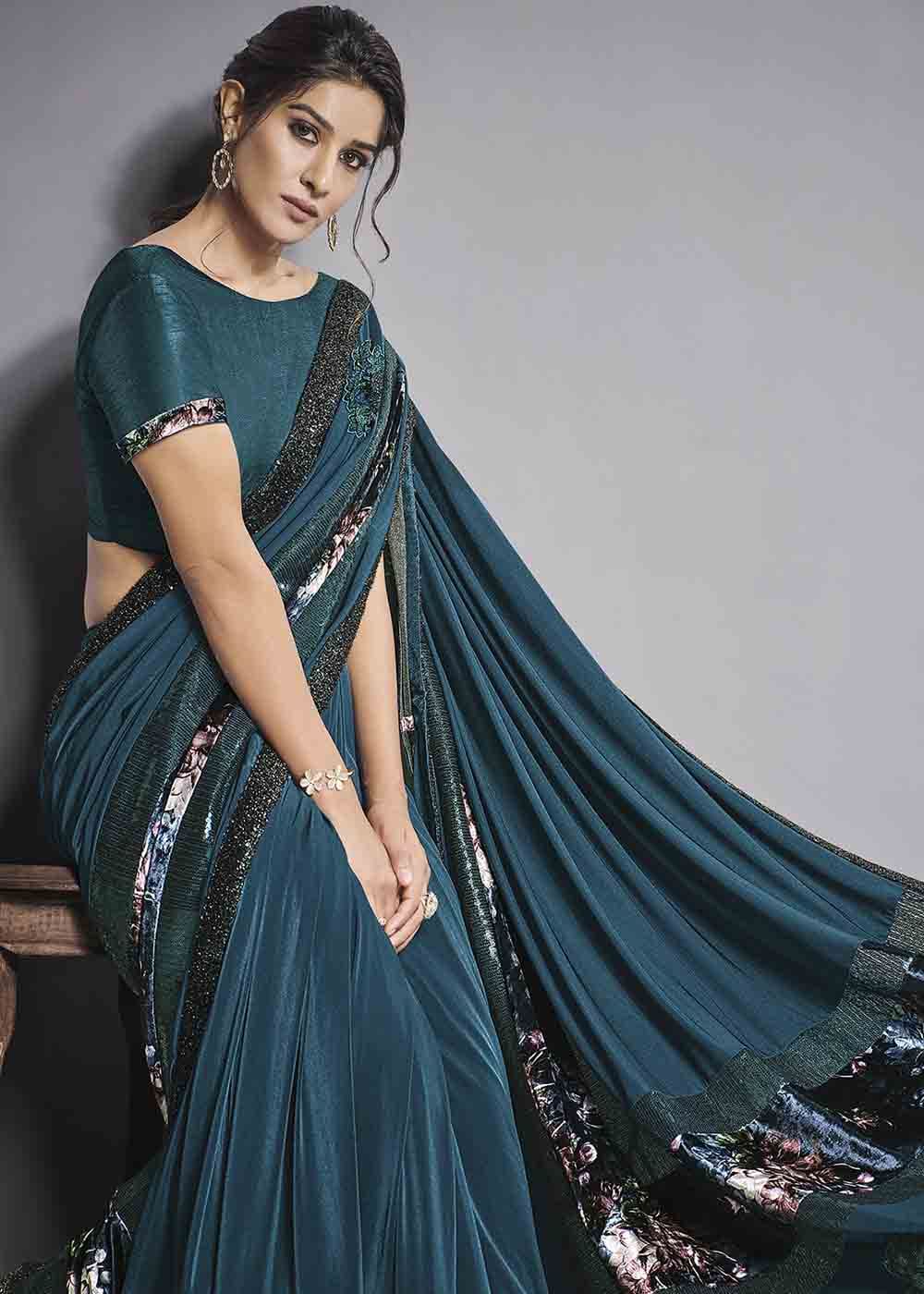 MySilkLove Blue Bayoux Designer Lycra Saree with Embroidery Work