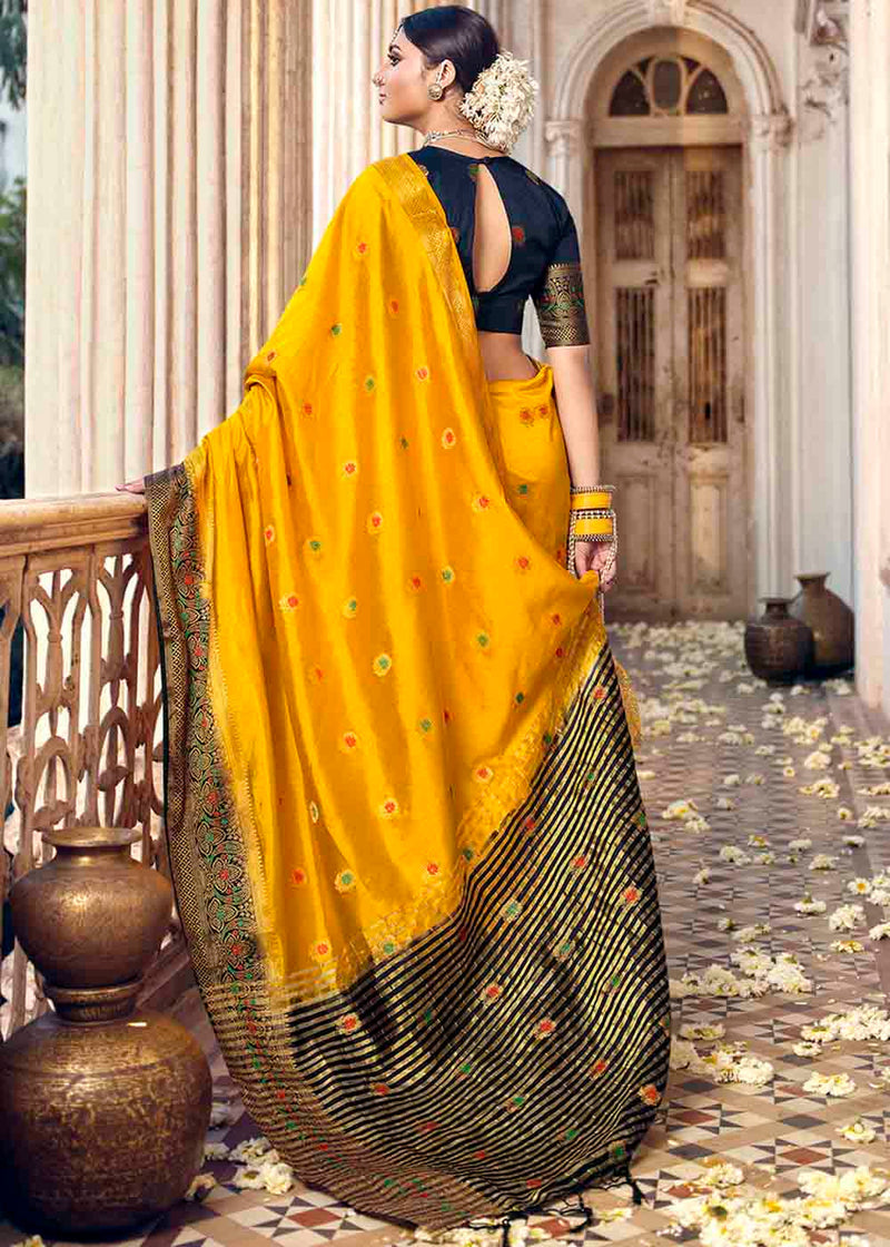 Bright Sun Yellow and Blue Zari Woven Banarasi Raw Silk Saree