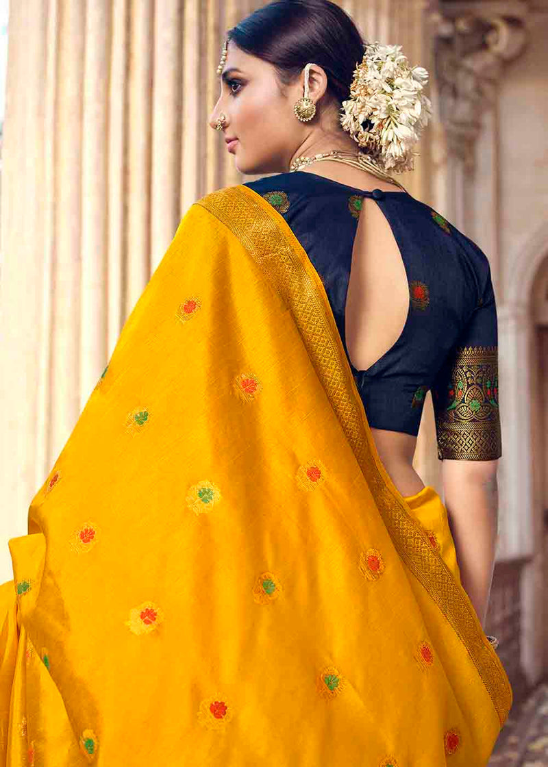 Bright Sun Yellow and Blue Zari Woven Banarasi Raw Silk Saree