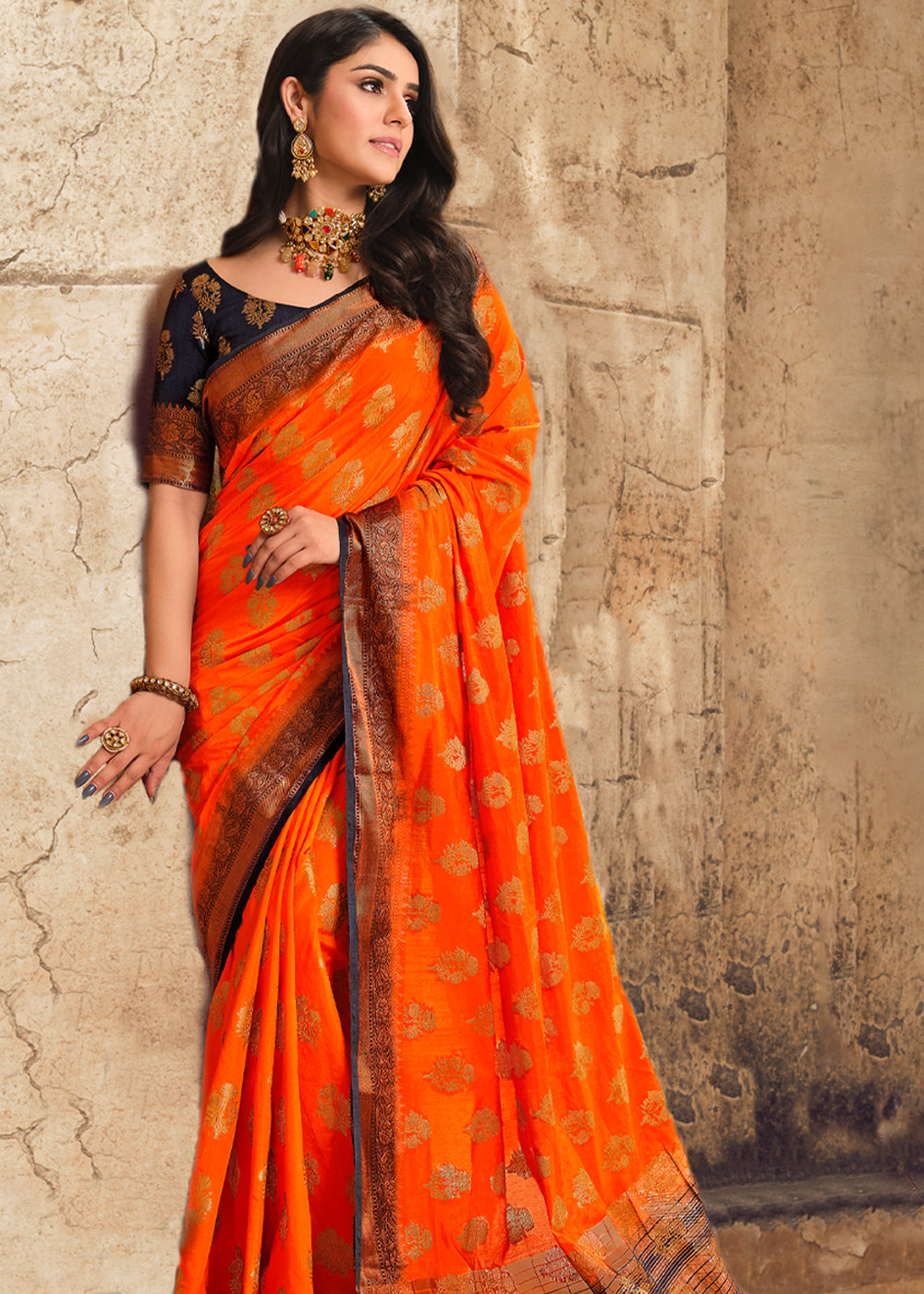 Buy MySilkLove Blaze Orange Woven Banarasi Raw Silk Saree Online