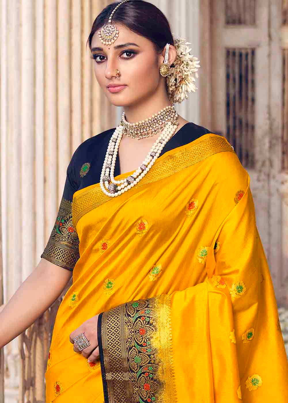 Buy MySilkLove Bright Sun Yellow and Blue Zari Woven Banarasi Raw Silk Saree Online