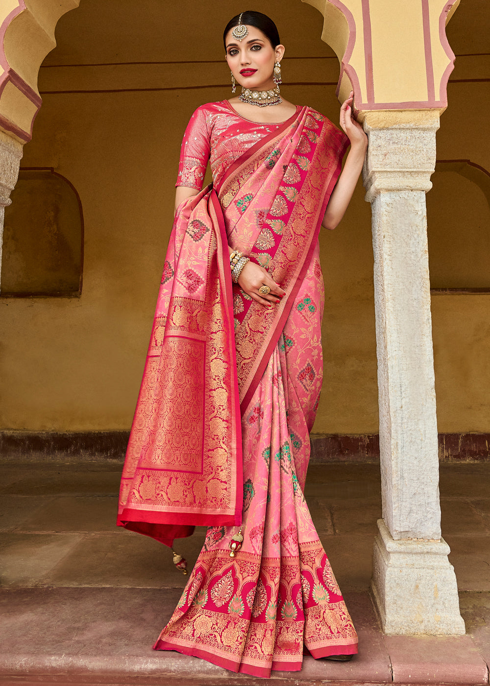 Buy MySilkLove Melon Pink Designer Banarasi Saree Online