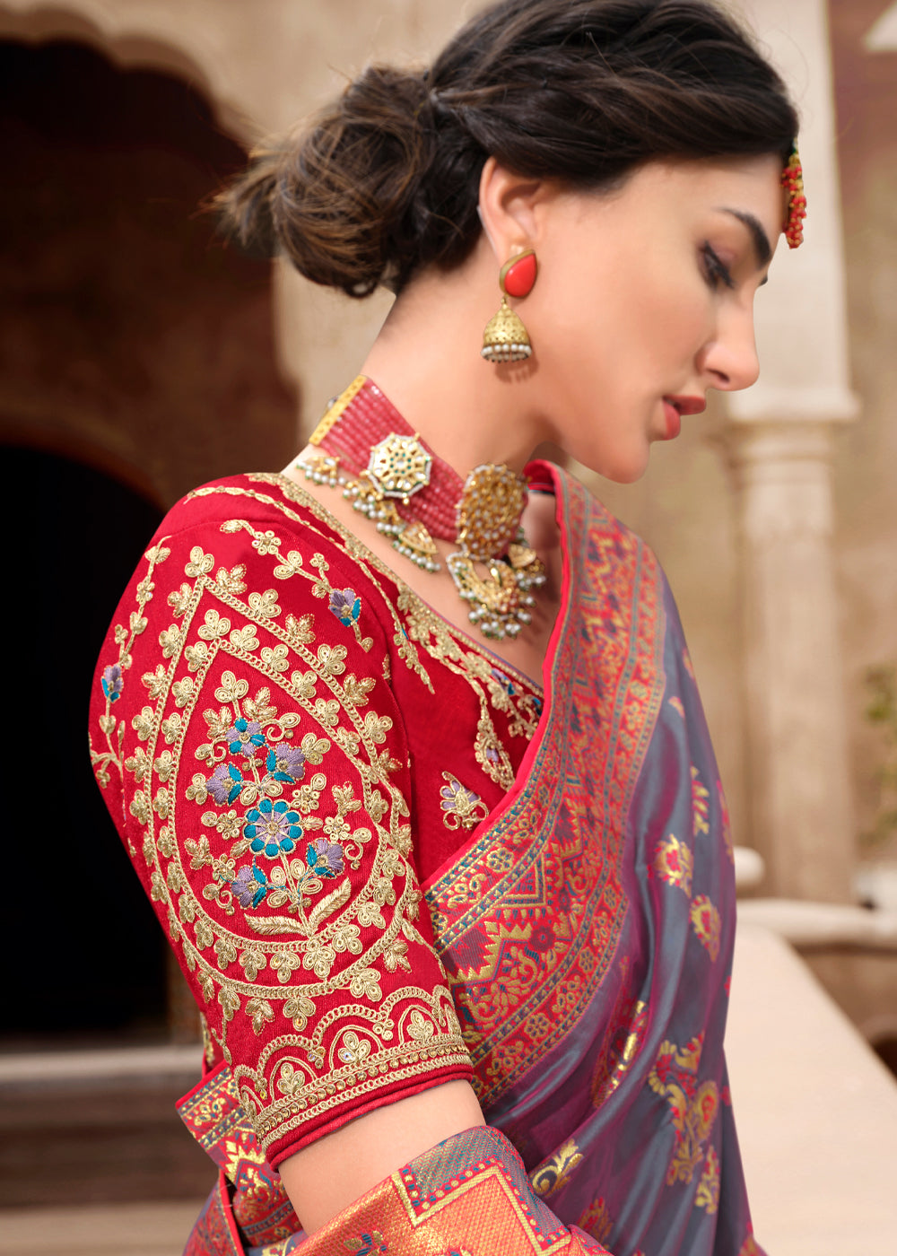 Buy MySilkLove Mobster Purple and Red Woven Designer Banarasi Silk Saree Online
