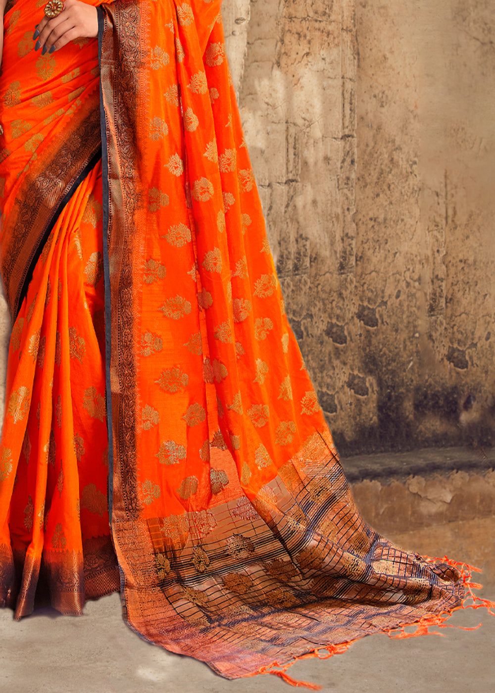 Buy MySilkLove Blaze Orange Woven Banarasi Raw Silk Saree Online