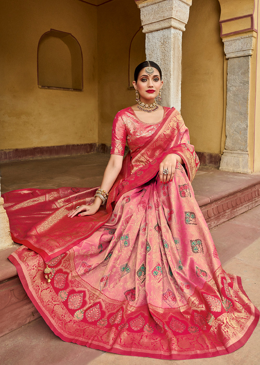 MySilkLove Melon Pink Designer Banarasi Saree