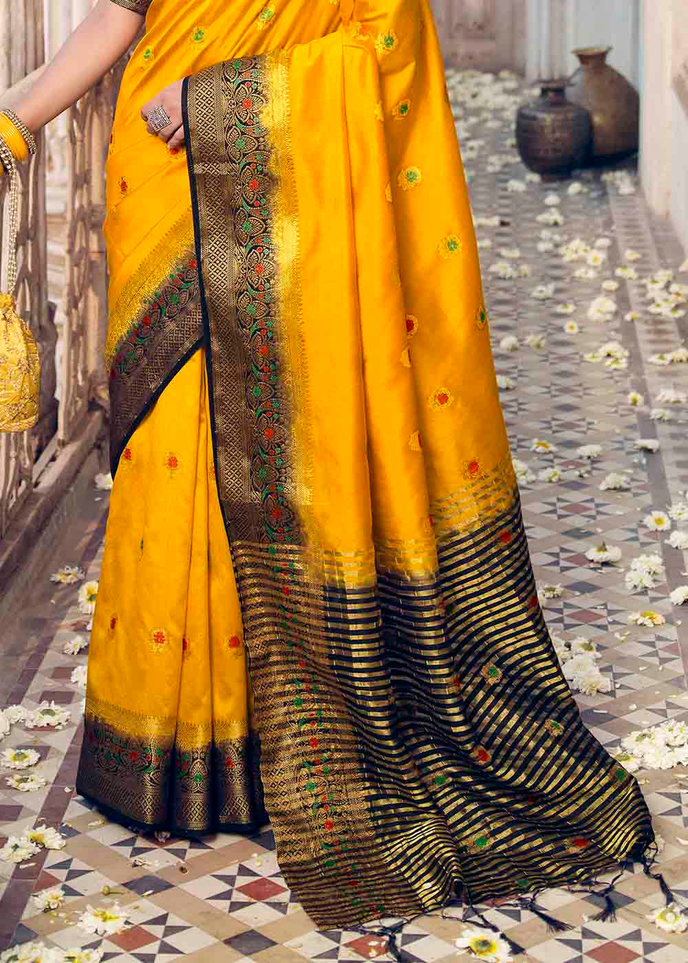 Buy MySilkLove Bright Sun Yellow and Blue Zari Woven Banarasi Raw Silk Saree Online
