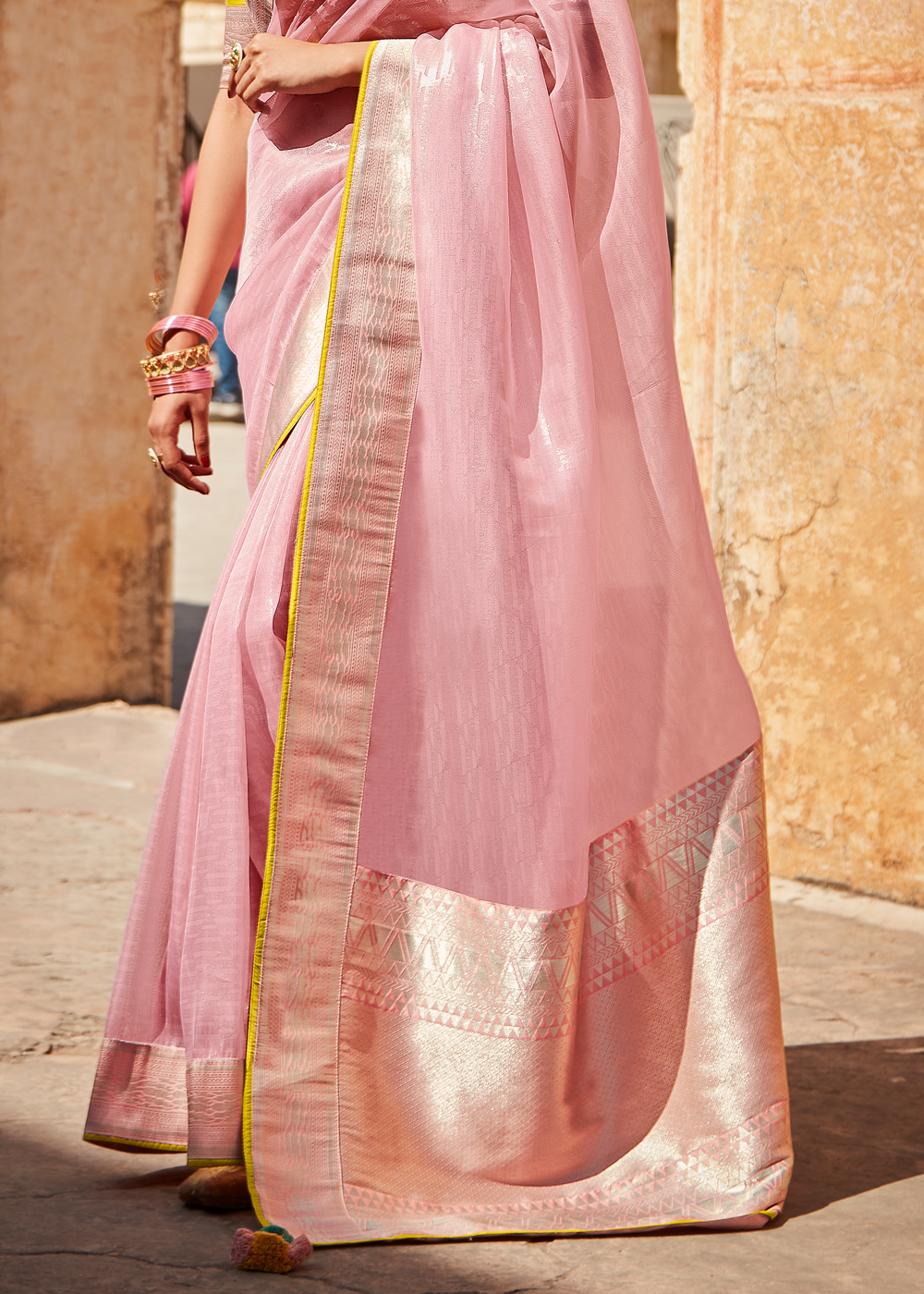 Buy MySilkLove Shilo Pink and Yellow Zari Woven Designer Banarasi Saree Online