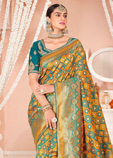 Neon Yellow and Blue Zari Woven Banarasi Saree with Designer Blouse