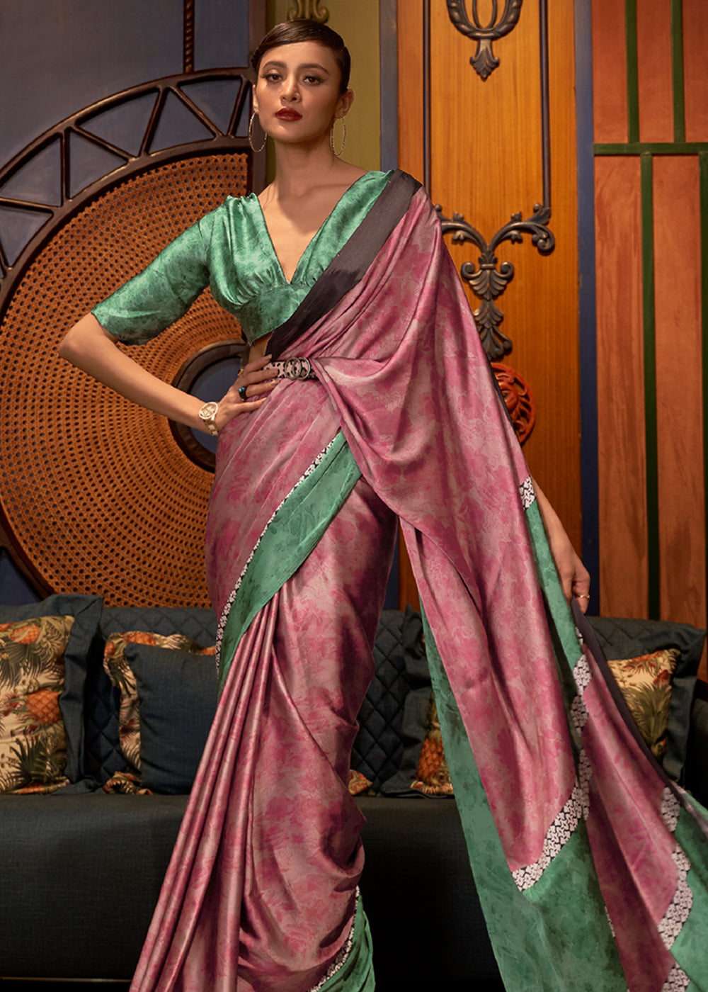MySilkLove Copper Rust Pink and Green Printed Satin Silk Saree