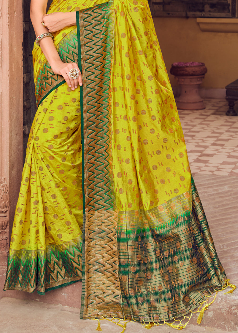 Buy MySilkLove Wattle Yellow Woven Banarasi Raw Silk Saree Online