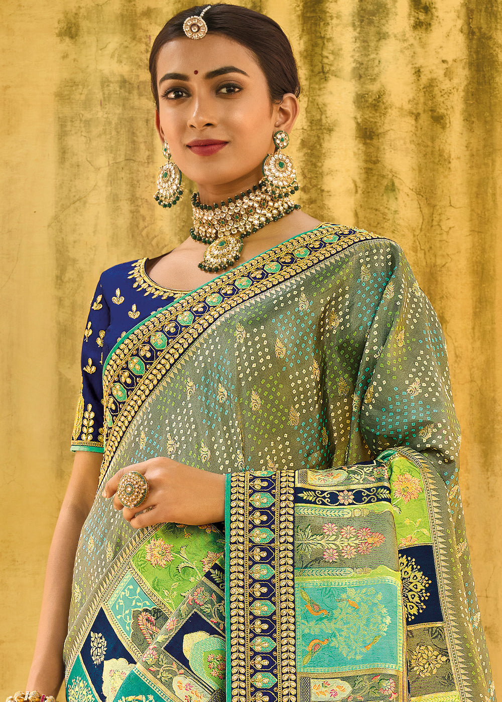 Buy MySilkLove Silver Tree Green and Blue Embroidered Dola Silk Saree Online