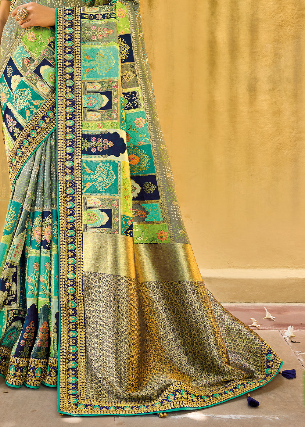 Buy MySilkLove Silver Tree Green and Blue Embroidered Dola Silk Saree Online