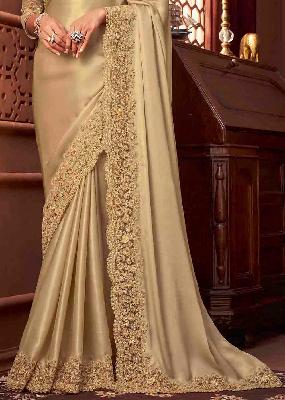 Buy MySilkLove Maize Golden Shimmer Satin Designer Saree Online