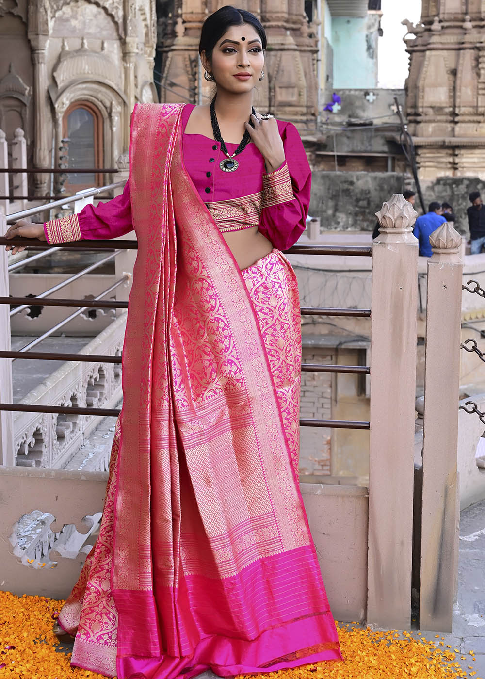 Buy MySilkLove Rose Pearl Pink Katan Pure Silk Handwoven Shikargah Saree Online