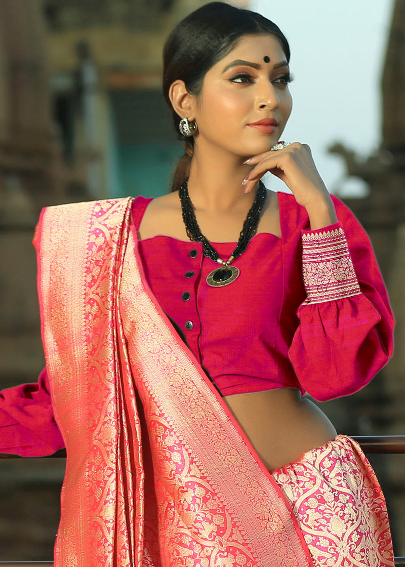 Rose Pearl Pink Katan Pure Silk Handwoven Shikargah Saree