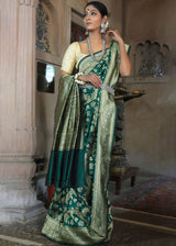 Spectra Green Katan Pure Silk Handwoven Floral Jaal Saree