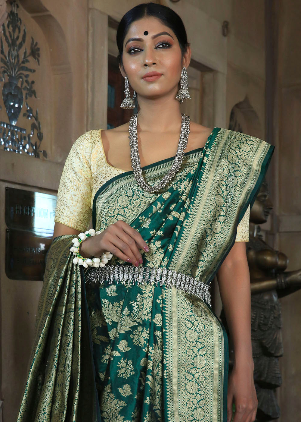 Buy MySilkLove Spectra Green Katan Pure Silk Handwoven Floral Jaal Saree Online