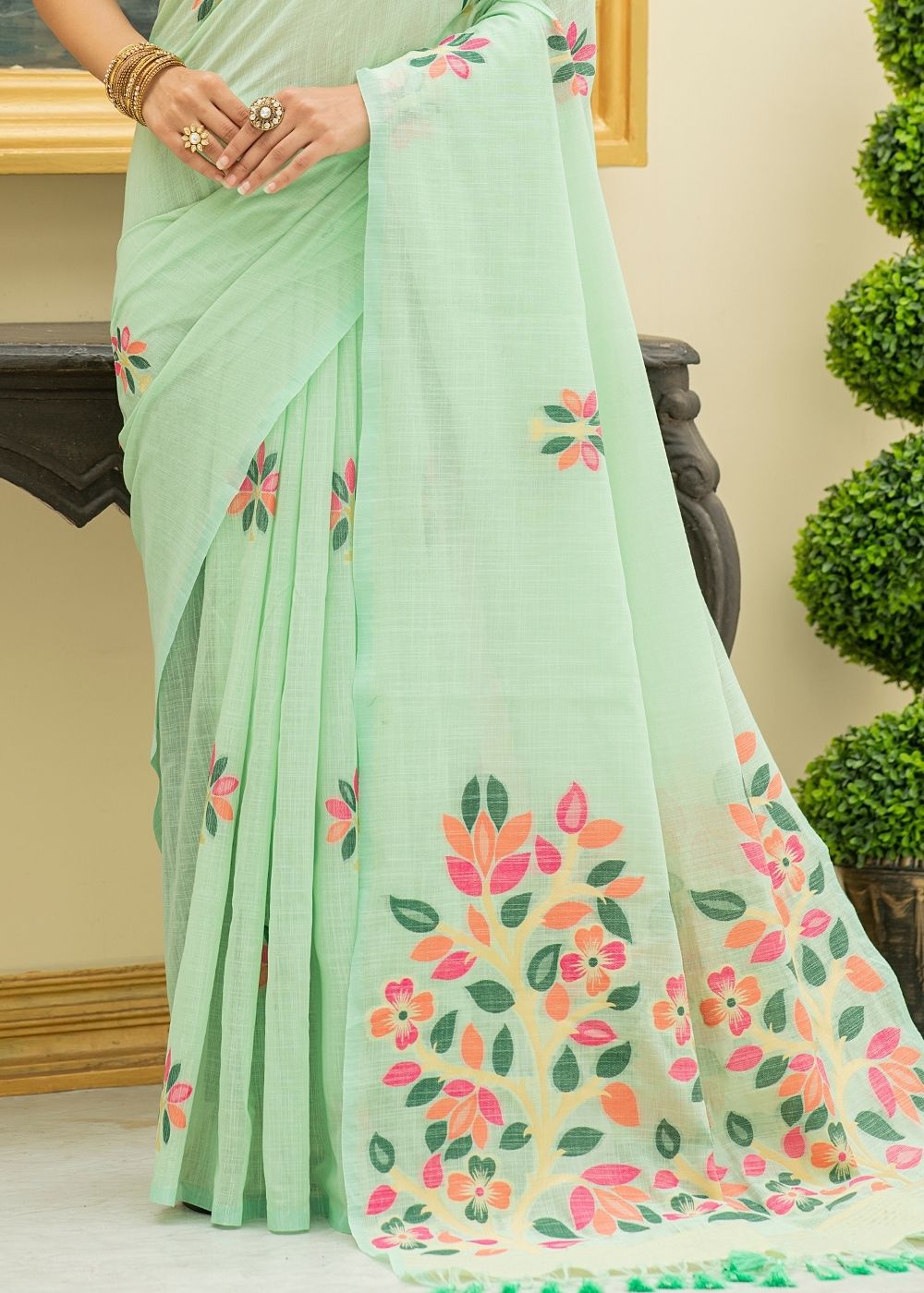 Buy MySilkLove Pixie Green Printed Linen Saree Online