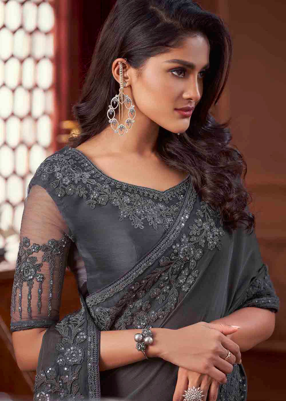 Buy MySilkLove Scarpa Grey Chiffon Designer Saree Online