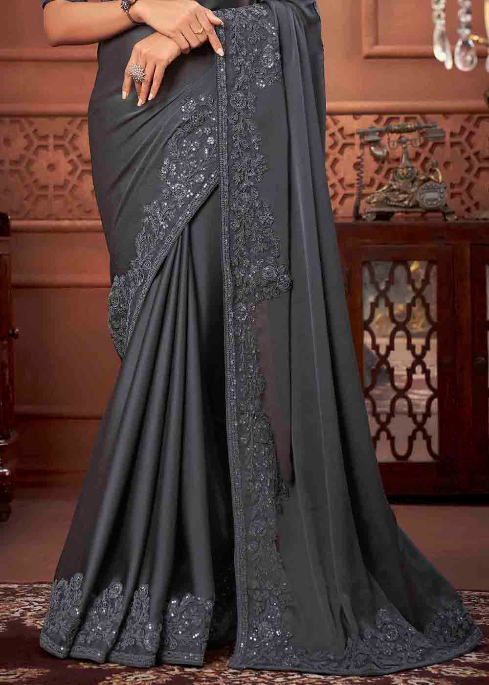 Buy MySilkLove Scarpa Grey Chiffon Designer Saree Online