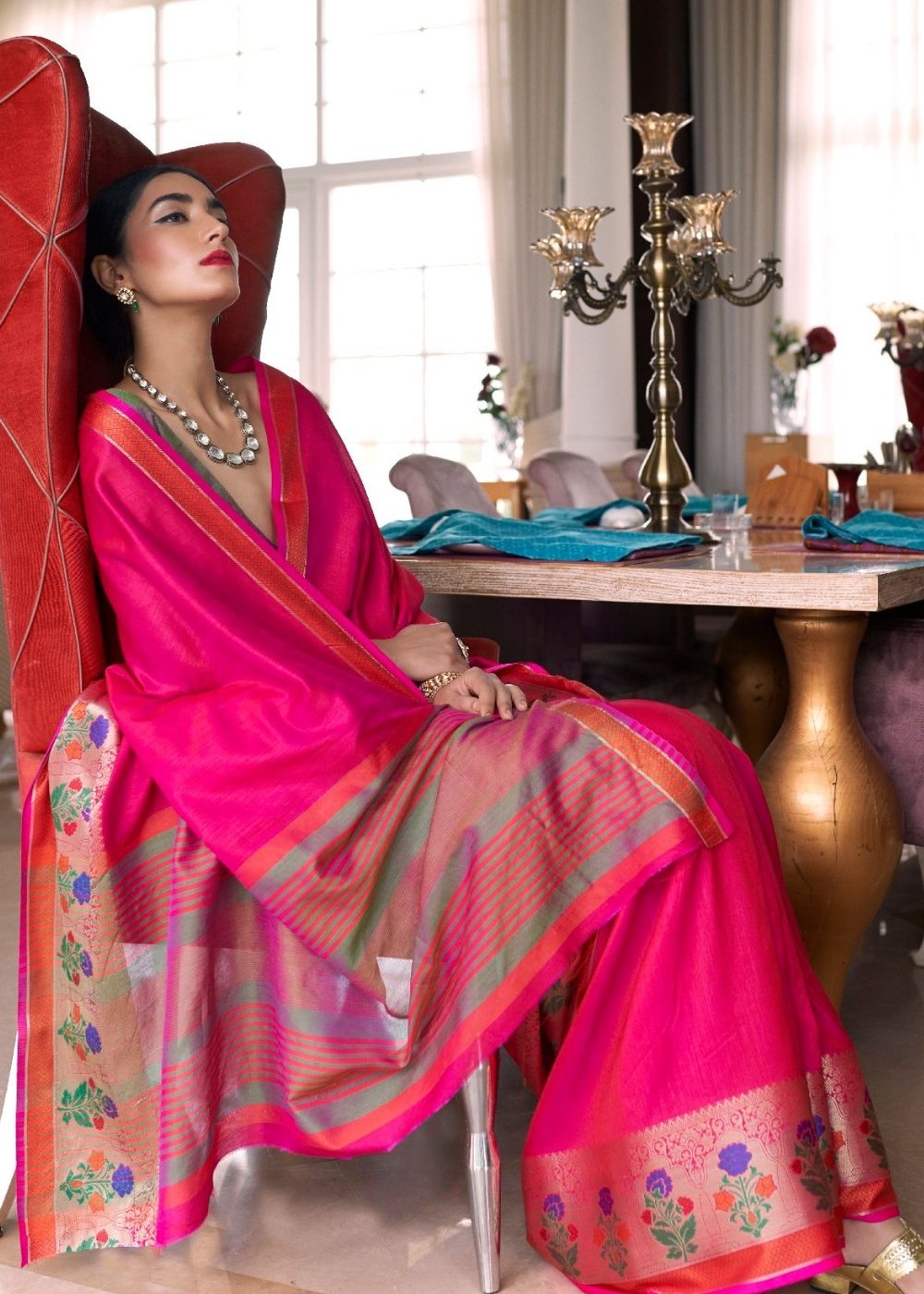 Buy MySilkLove Fiery Rose Pink Zari Woven Banarasi Handloom Saree Online