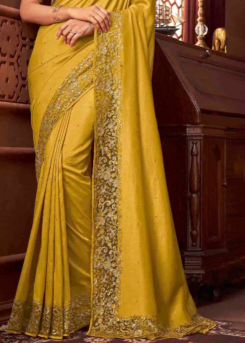 Pale Canary Yellow Designer Silk Saree