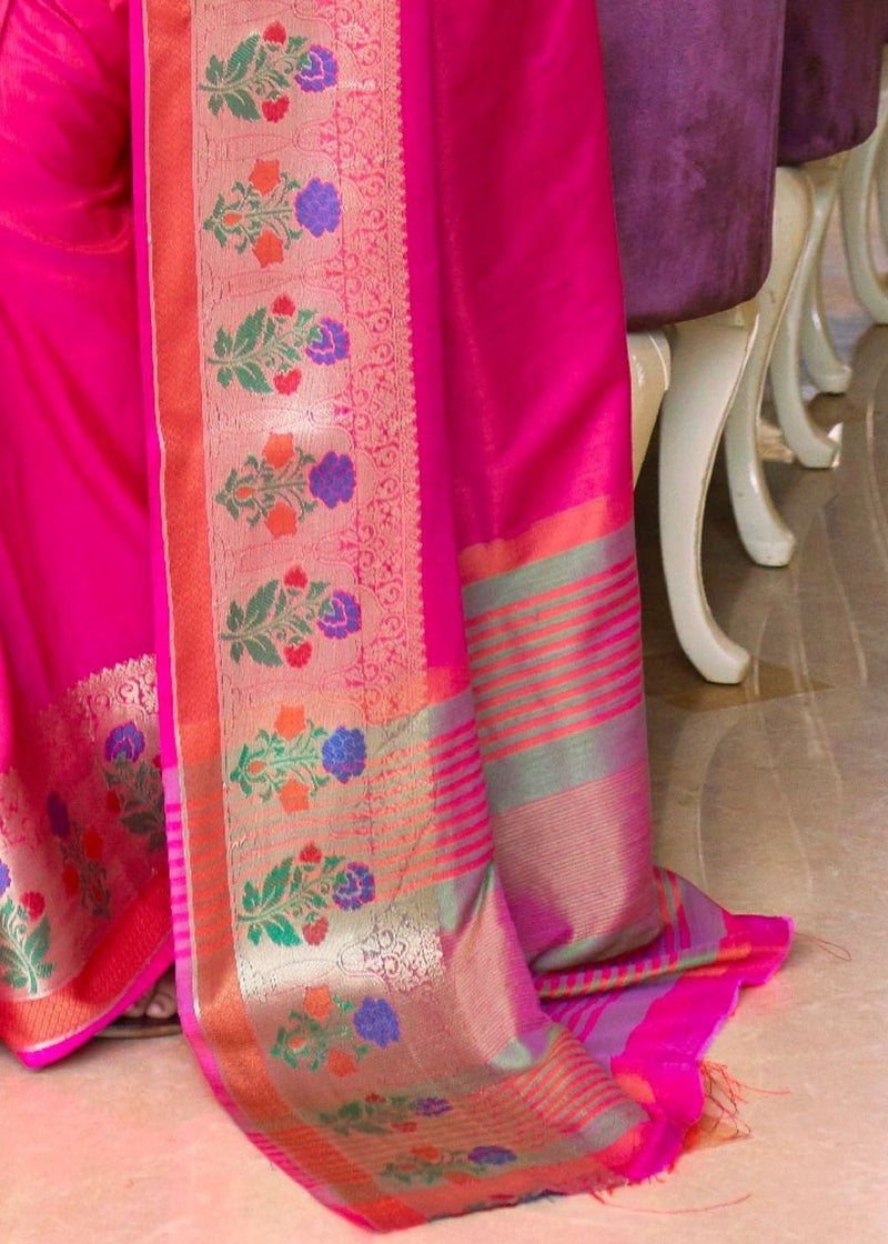 Fiery Rose Pink Zari Woven Banarasi Handloom Saree