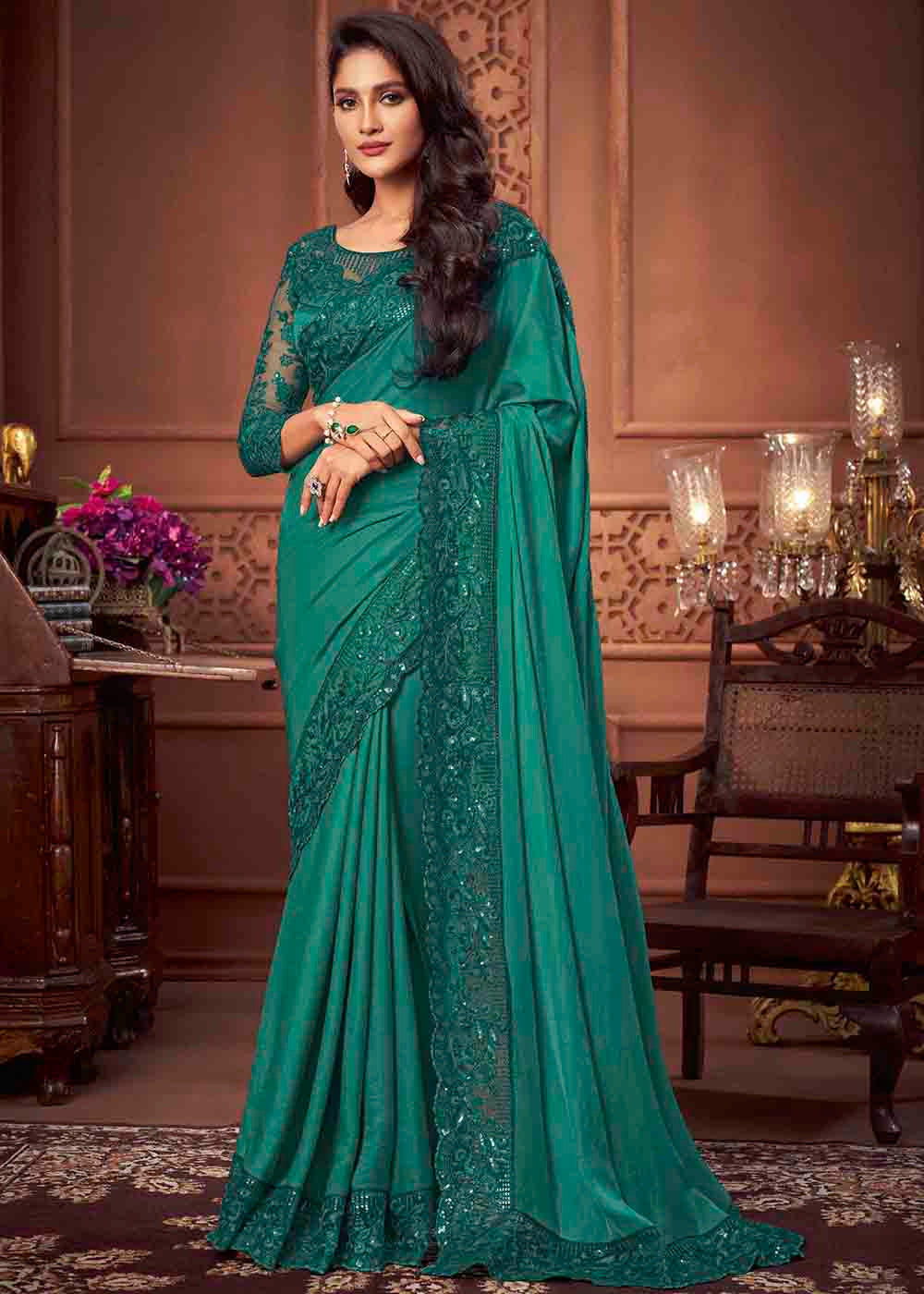 Buy MySilkLove Paradiso Green Designer Silk Saree Online