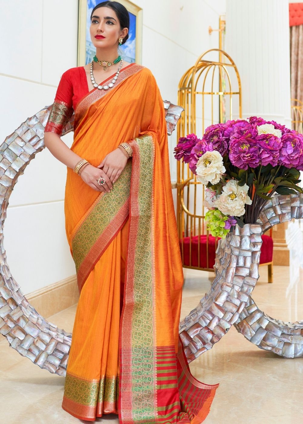 Buy MySilkLove Jaffa Orange Zari Woven Banarasi Handloom Saree Online