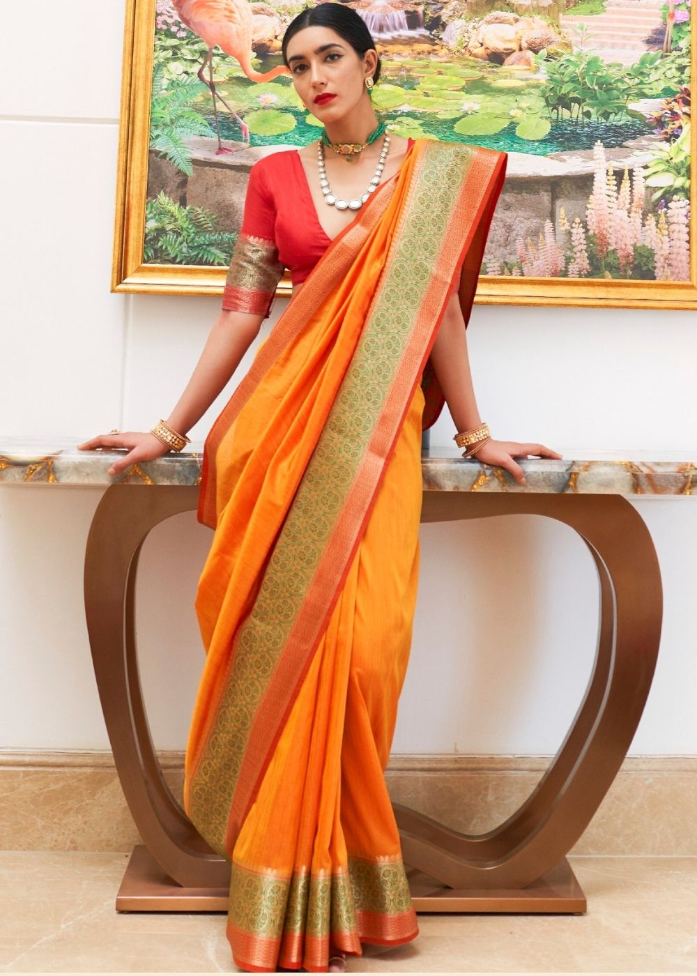 Buy MySilkLove Jaffa Orange Zari Woven Banarasi Handloom Saree Online