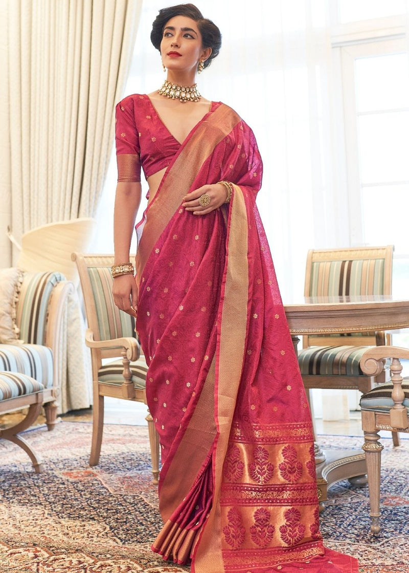 Crail Dark Pink Zari Woven Soft Kanjivaram Saree